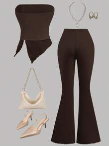 SHEIN Girlism 2 件套少女褶皱抹胸上衣和喇叭裤套装 - 棕色 - 查看 2