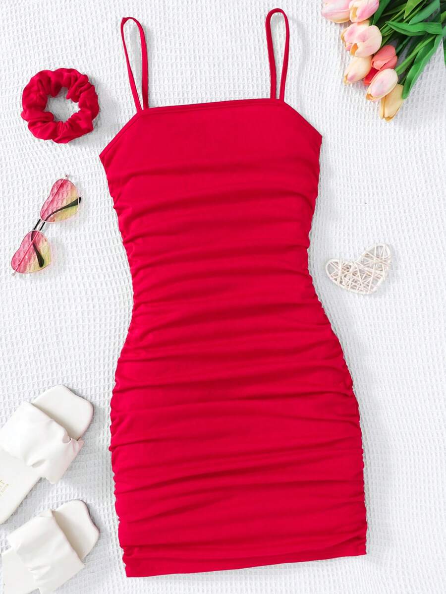 SHEIN Teen Girls' Solid Red Valentine's Day Ruched Cami Dress (1 Headband Included) - Red - View 1