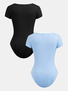 2pcs/Set Tween Girls Slim Fit Knitted Square Neck Basic Short Sleeve Jumpsuit - Baby Blue - View 2