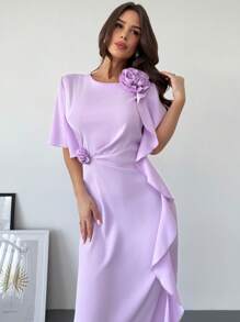 Firerie Vestido corto de manga corta, de cintura alta y corte evasé, en color rosa-púrpura, con volantes y estampado floral, elegante y romántico, ideal para el Día de San Valentín, el Ramadán o de vacaciones