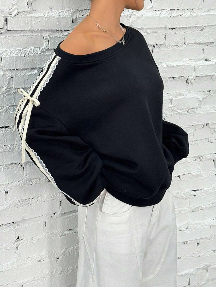 Comfortcana Women Oversized Knot Side Drop Shoulder Casual Sweatshirt