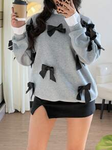 Women's Fashionable Bow Decor Sweatshirt For Autumn/Winter Pullover Fall Sweatshirt - Light Grey - View 5