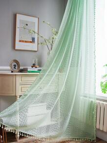 1 pieza Cortina de dormitorio de encaje verde con diseño calado, estilo campestre bohemio con borlas verdes, cortina transparente y casual para decoración, boda, hogar, comedor, hotel, fiesta, todo el año
