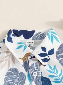 Set 2 bucăți pentru băieți, cămașă cu mânecă scurtă la un singur piept + pantaloni scurți sport casual cu talie elastică, ținută versatilă la modă cu imprimeu de frunze pentru vară