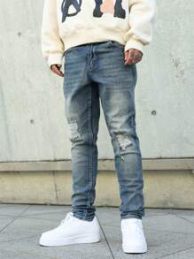 Manfinity Homme Quần Jeans Ống côn rách cá tính thường ngày cho nam - Rửa nhẹ - Xem 1