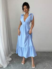 Vestido de cuello en V sin mangas con cintura ajustable con cordón, color azul, adecuado para primavera/verano - Blanco marfil - Ver 4