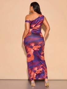 SHEIN BAE Plus Size Women's Elegant Long Asymmetric Collar Bodycon Knit Dress With Colorful Ombre Print, Suitable For Daily Wear, Commute, Outing, Date, Afternoon Tea, Vacation - Purple - View 6