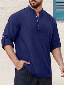 Manfinity Homme Loose Fit Men's Half Button Roll Tab Sleeve Shirt Casual Shirts For Men Men Clothes Men Shirts Men Clothes Men Shirts Casual Men Shirt - Navy Blue - View 4