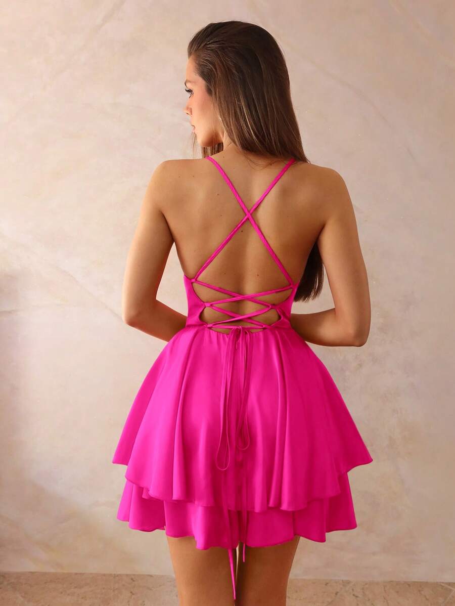 SHEIN BAE Vestido corto de mujer con cuello en V de satén, tirantes finos, espalda abierta, cintura con lazo, dobladillo asimétrico con volantes, apropiado para damas de honor, invitadas de boda, cóctel, baile de graduación, fiesta de Navidad - Rosa Fucsia - Ver 1