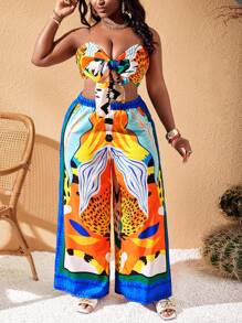 Slaydiva 2025 年新款大码女装狂欢/复活节服装、老钱风格、乡村音乐会服装、外出服装、仙女风、节日服装、热带度假大码女装、大码女装夏季服装、夏季、狂欢、欧洲夏季、春季服装、大码女装西部风服装、音乐会、毕业服装 - 彩色条纹印花背心，前系带和长裤两件套