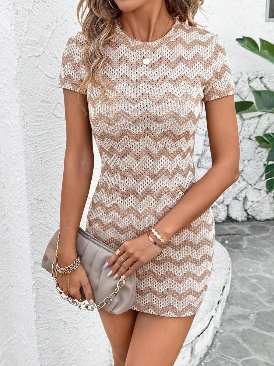 SHEIN Clasi Women Elegant Round Neck Knit Pattern Fitted Mini Vacation Dress, Summer Dresses For Women  Summer Outfits For Women Summer Dresses For Women  Spring Outfits For Women