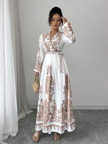 Elenzga Women's New Fashion Palace Retro Print Dress, High-End Retro Palace French Wrap Style V-Neck Waist Gathering Flared Long Lantern Sleeve Lightweight Luxurious Casual Elegant Resort Fit And Flared Dress Fall Cloth For Women