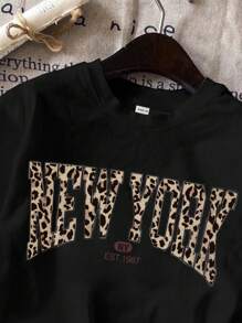 SHEIN Leap Crew Tween Girls' Casual Minimalist Black Short Sleeve Crew Neck T-Shirt, Suitable For Spring & Summer