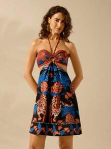 CAJUNI Women's Vacation Bohemian Tropical Flower, Parrot, Tiger, Black And Orange Print Halter Cut Casual Beach Summer Dress - Multicolor - View 5