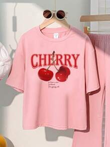 SHEIN Leap Crew Tween Girl 2pcs/Set Vintage Cherry Pattern Casual Loose Short Sleeve T-Shirt And Flare Pants Outfit, Suitable For Spring And Summer - Pink - View 3