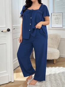 Plus Size Women Hollow Floral Patchwork Square Neck Open Front Ruffle Sleeve Top & Pants Pajama Set - Royal Blue - View 4
