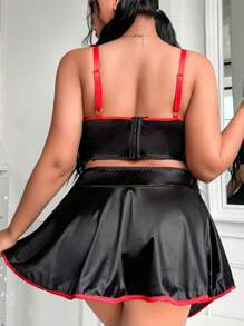 Fantasy Costume 3 Piece Plus Size Lingerie Set With Underwire And Hollow-Out Designs, Sexy Intimates - Black - View 2