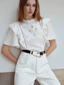 MOTF STUDIO FLORAL EMBROIDERY RUFFLE TRIM BLOUSE - Beige - View 4