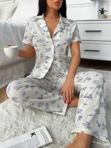 RueChic Women 2pcs Contrast Colour Floral Pattern Detail Homewear PJ Set - White - View 1