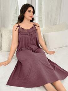 Plus Size Soft Mesh Fabric Sleepshirt With Bow Strap & Lace Trim, Comfortable Knit Sleep Gown, Moo Moo Sleep Dress - Rose Red - View 6