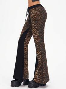SHEIN ICON Women's Simple Leopard Print Panel Lace-Up Flare Leg Casual Jeans - Multicolor - View 3