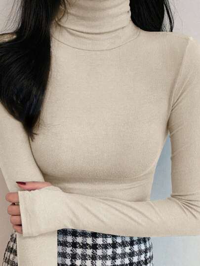 DAZY قميص تي شيرت أساسي بياقة مرتفعة وتصميم ضيق للنساء، بأكمام طويلة للخريف والشتاء، ملابس نسائية بياقة عالية رمضان