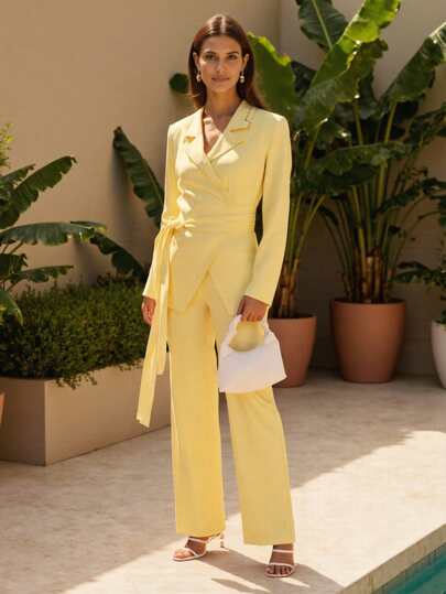 EBIB Designer Spring Elegant Business Casual Pastel Yellow Waist Tie Shoulder Pad Blazer, Festival Women Butter Yellow Blazer For Office, Creamy Yellow Blazer For Woman