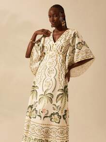 CAJUNI 女士波西米亚风热带花卉、龟背竹叶、椰子树、菠萝印花深 V 领荷叶边袖长裙，休闲夏季度假连衣裙 - 彩色 - 查看 3