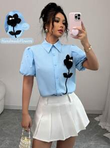 Elenzga Blue Shirt With 3D Floral Bead Decoration On The Front - Blue - View 1