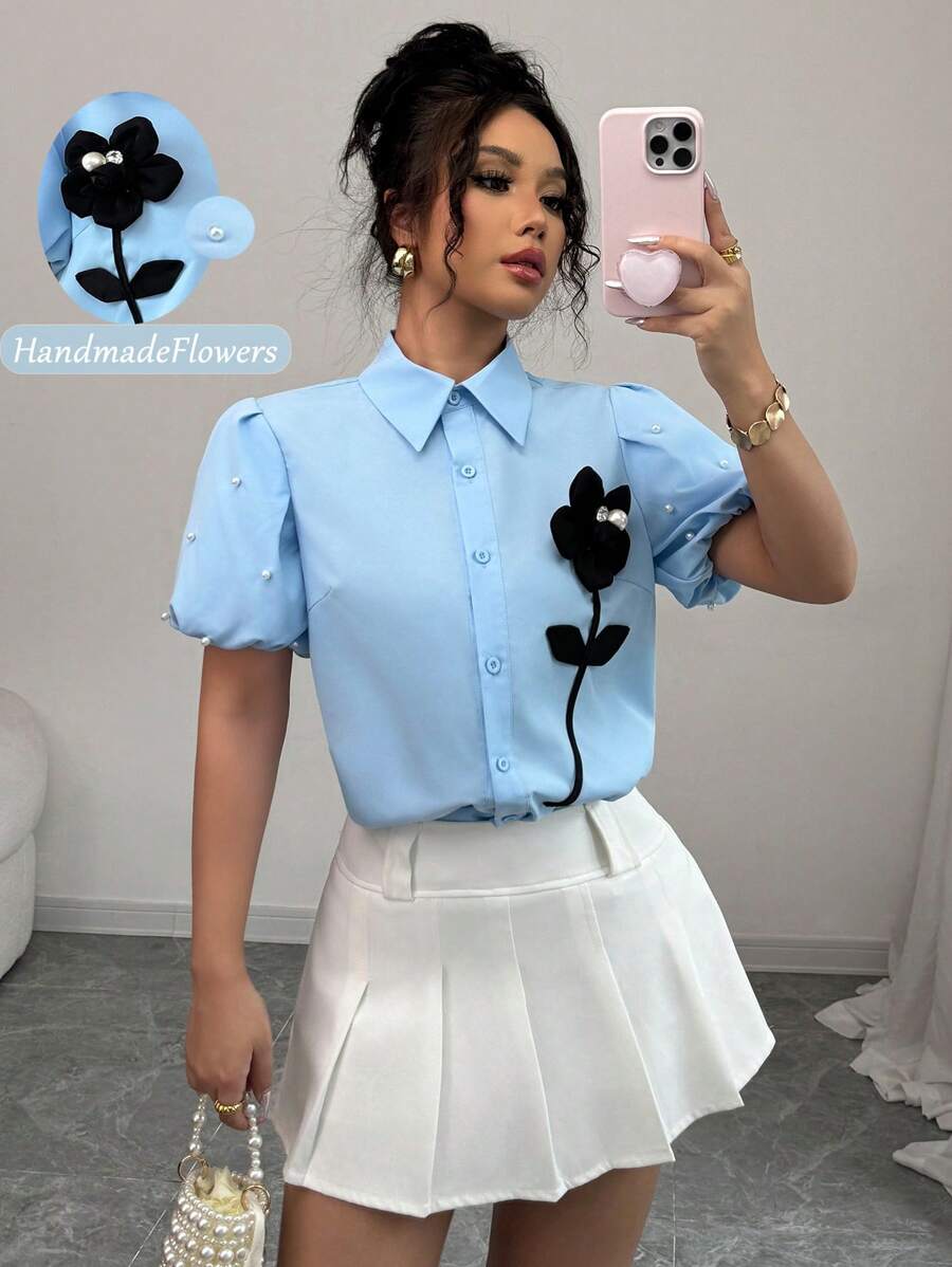 Elenzga Blue Shirt With 3D Floral Bead Decoration On The Front - Blue - View 1