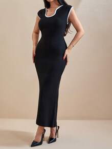 EURMUSE Women Solid Color Sleeveless Keyhole Neck Long Sweater Dress - Black - View 6