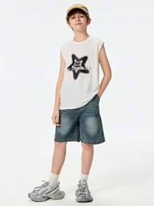 SHEIN 2件套 青少年男童休闲街头字母星星印花上衣配牛仔短裤 - 白色 - 查看 4