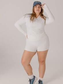 Aralina Curve Leisurewear Zip Front Long Sleeve Top And High Waist Biker Shorts Two Pieces Set - White - View 10
