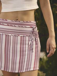 Aralina 休闲 Y2k 条纹低腰度假系带海滩亚麻迷你裙