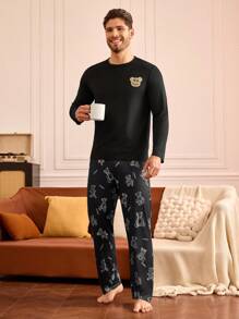 Happy Jammies Set de pijama para hombre con 2 piezas: Top de manga larga con estampado de dibujos animados y pantalones