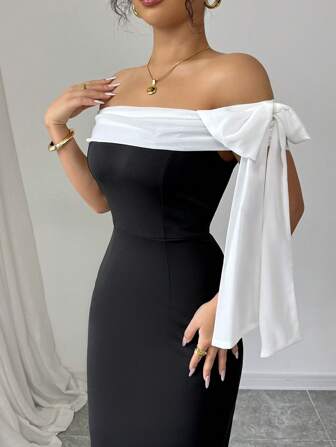 Rafferiza Kvinnors rosettdekor Elegant figur-smickrande svart off Shoulder lång klänning
