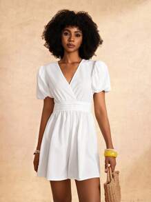 Slaydiva 2 件套新款设计休闲优雅白色泡泡袖 V 领连体裤，带口袋，适合春夏季 - 白色 - 查看 7