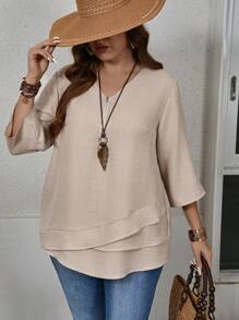 EMERY ROSE Plus Size Women Asymmetrical Double Layer Design Zipper Collar Comfortable Textured Fabric Blouse, Vintage Conservative Style, Spring/Summer