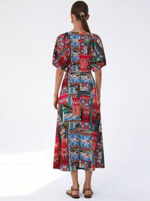 Aveloria Modichic 随机印花圆领泡泡袖腰部收褶长款女式连衣裙 - 彩色 - 查看 2