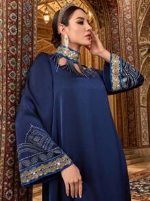 Al Najma 女士优雅闪亮水钻喇叭袖阿拉伯风格连衣裙 - 藏蓝色 - 查看 4