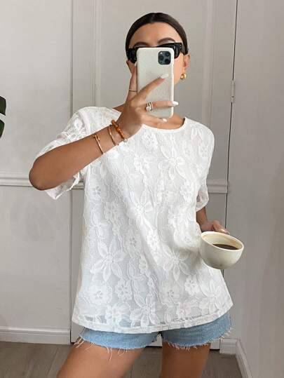 SHEIN Frenchy 女士花卉蕾丝圆领短袖休闲衬衫