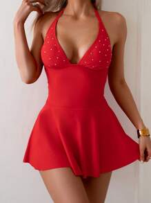 SHEIN Swim Lushore Vestido de traje de baño con escote en V profundo, cuello halter y decoración de rhinestones para mujeres - Rojo - Ver 5