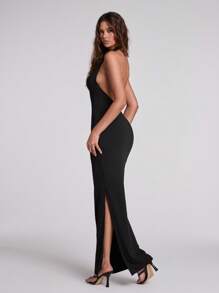 SHEIN BAE Black Sleeveless Deep V-Neck Metal Decorative Side Slit Hem Bodycon Dress For Women, Sexy And Fitted, Suitable For Summer Beach Vacation, Party, Girls Gathering, Club - Black - View 2