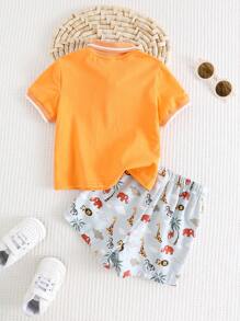 Cozy Pixies 2pcs Baby Boy Set: Letter Pattern Soft Knit Polo Collar Snap Button Short Sleeve Top And Elastic Waist Shorts