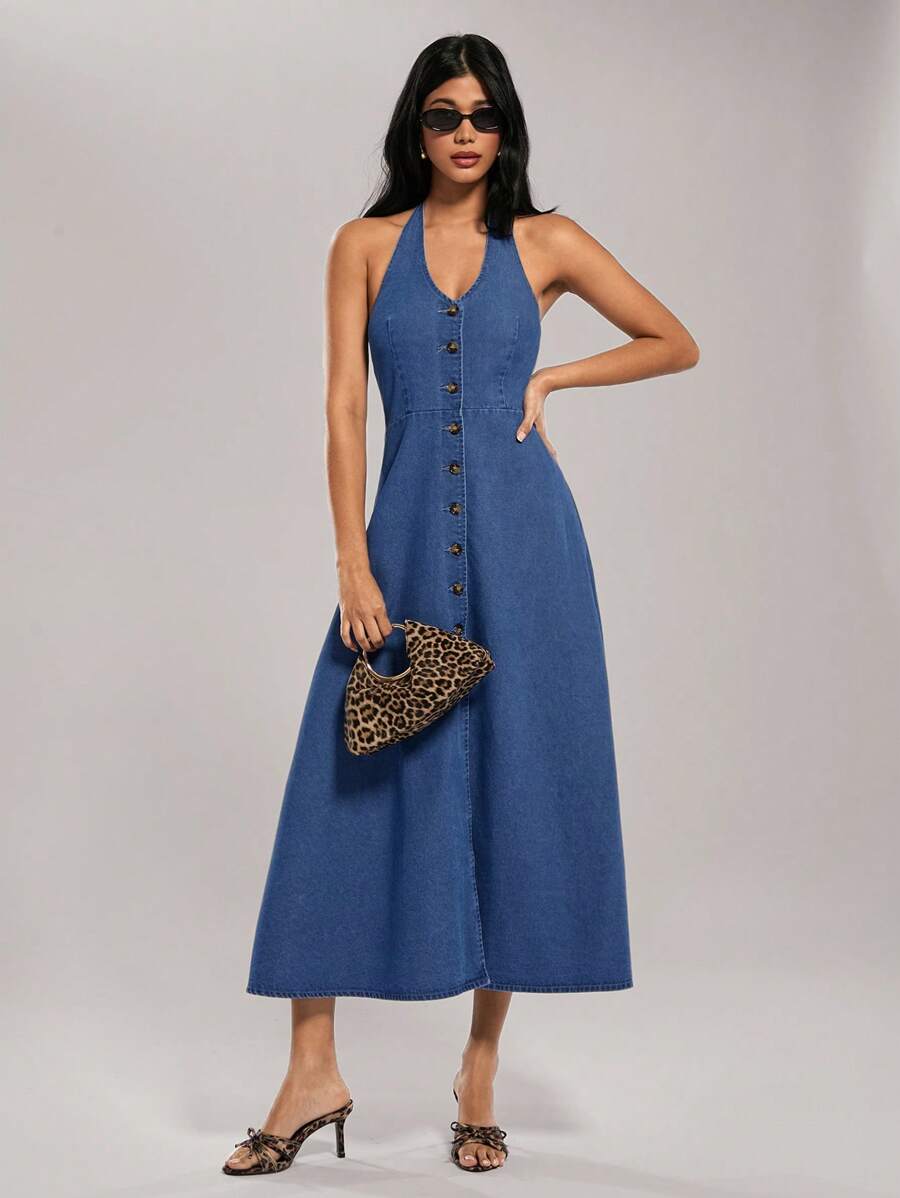 Forever 21 女士时尚性感前扣露背挂脖牛仔连衣裙 - 藍色 - 查看 1