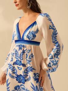 CAJUNI Váy ngắn đi biển họa tiết hoa nhiệt đới Boho Blue dành cho nữ, cổ chữ V, tay bồng, đi nghỉ mát - Xanh và trắng - Xem 6