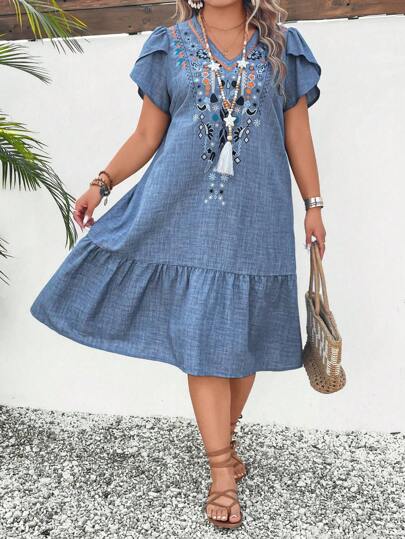 Linhara CURVE Vestido casual de talla grande para vacaciones y festivales musicales, con mangas bordadas con flores y unicolor con aspecto de lino