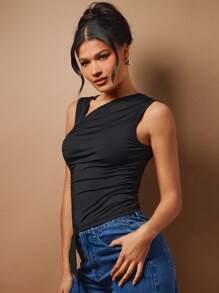 Hauture 女士春夏时尚纯色褶饰不对称吊带背心 - 黑色 - 查看 3