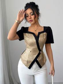 Elenzga 女士时尚优雅短袖衬衫，方领，二合一，斜襟，假纽扣，金属色，对比色拼接编织，春夏