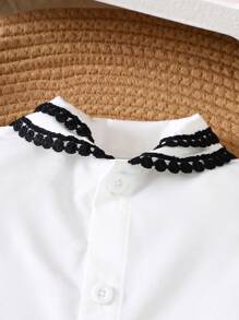 2pcs/Set Baby Girl Spring&Summer Preppy Style Short Sleeveless Casual Shirt&Imitate Leather Short Pleated Skirt - Black and White - View 5